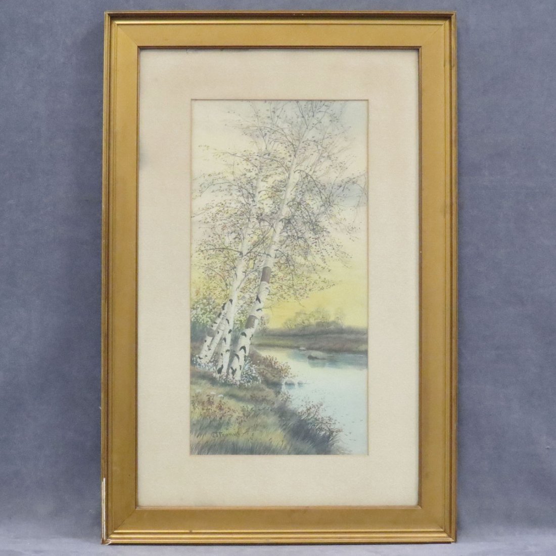 AMERICAN SCHOOL (19/20TH CENTURY), WATERCOLOR: AMERICAN SCHOOL (19/20TH CENTURY), WATERCOLOR, BIRCHES ALONG A STREAM, SIGNED J.J. FRANCIS. 19 X 9 1/2"; FRAMED AND GLAZED-29 X 19 1/2"