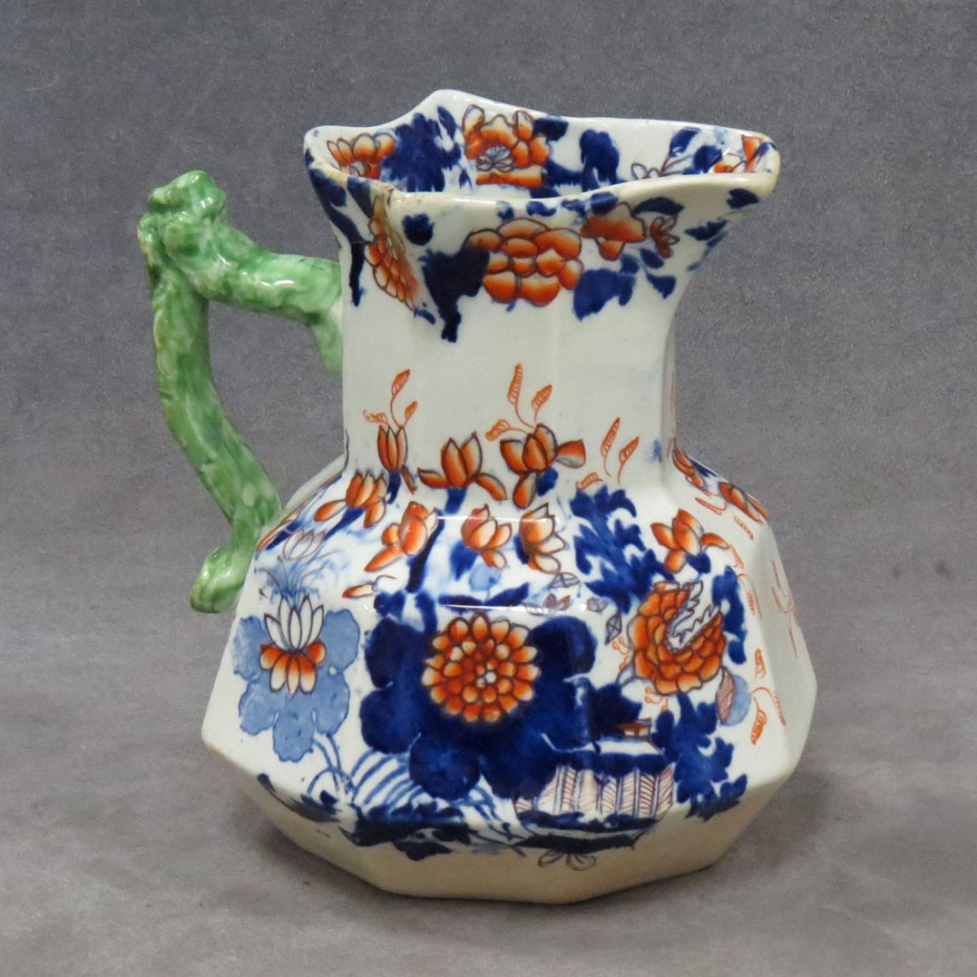 MASON'S IRONSTONE DECORATED PITCHER: MASON'S IRONSTONE DECORATED PITCHER. HEIGHT 8"