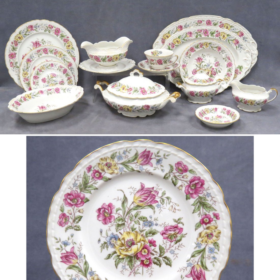 SERVICE FOR (10) ROYAL JACKSON DINNERWARE: SERVICE FOR (10) ROYAL JACKSON DECORATED PORCELAIN DINNERWARE WITH SERVING PIECES AND EXTRAS