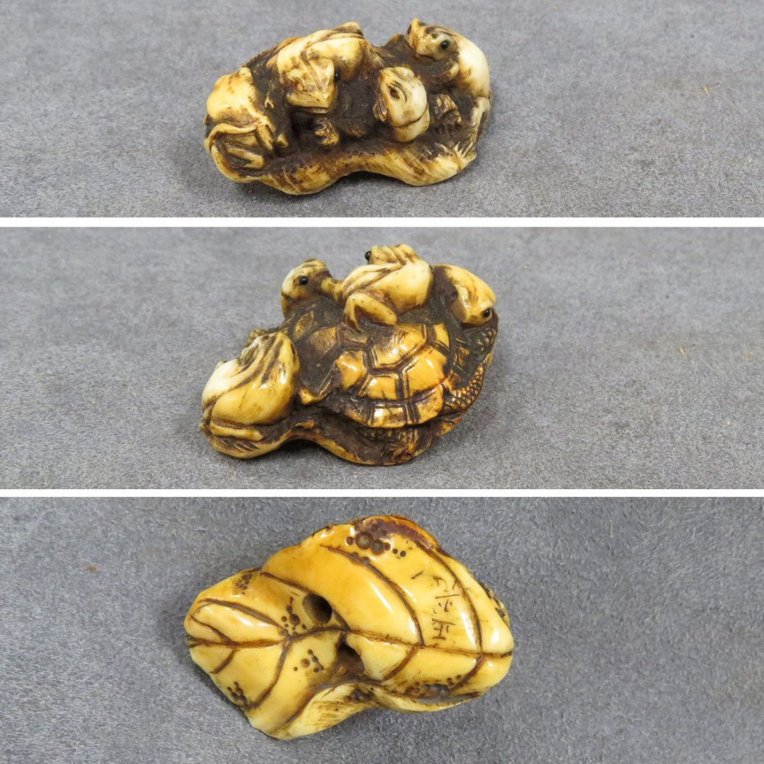 JAPANESE CARVED IVORY NETSUKE, TOADS AND TURTLE: JAPANESE CARVED IVORY NETSUKE, TOADS AND TURTLE, SIGNED KIKUGAWA MASAMITSU. LENGTH 2" **CANNOT EXPORT**