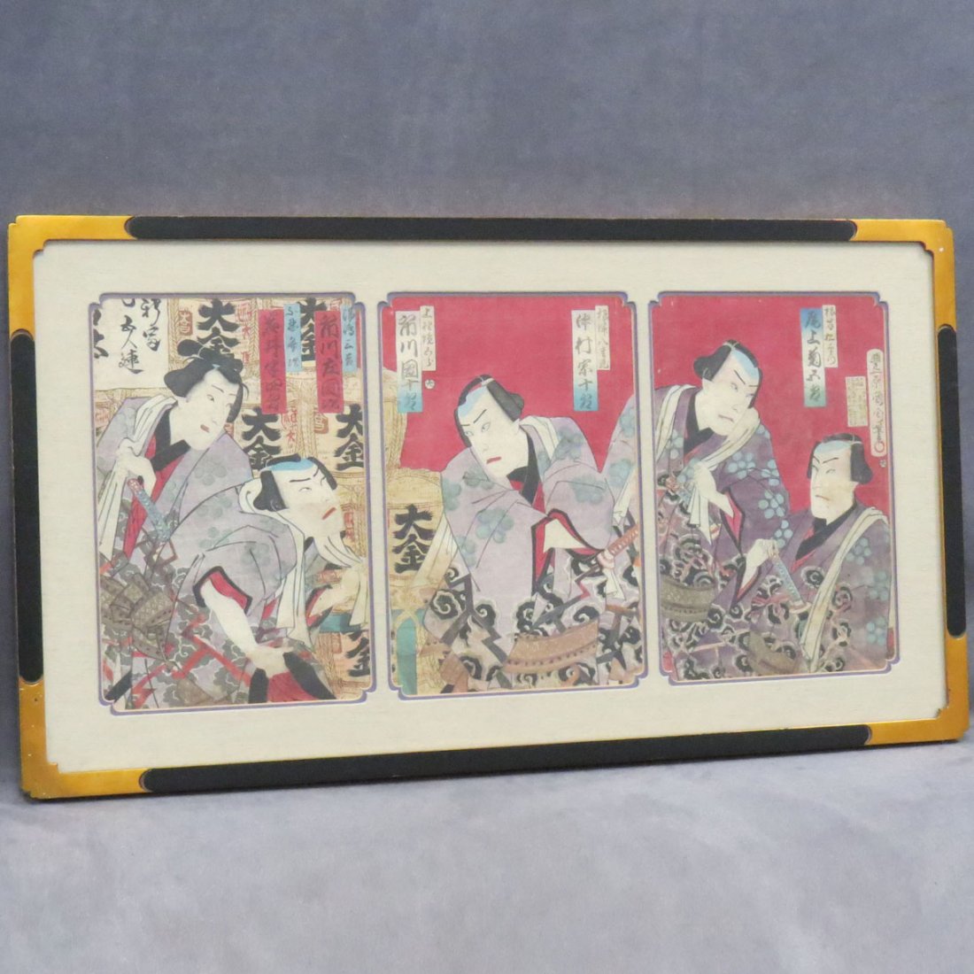 KUNISADA UTAGAW, UKIYO-E COLOR WOODBLOCK TRIPTYCH: KUNISADA UTAGAW, UKIYO-E COLOR WOODBLOCK TRIPTYCH, KABUKI ACTORS. SIGHT 13 3/4 X 28 1/2"; FRAMED AND GLAZED-19 1/2 X 34"