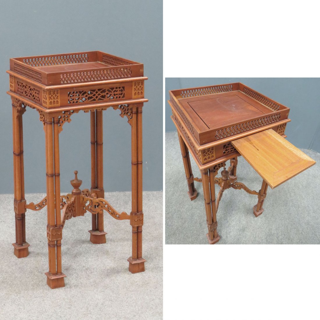 CHINESE CHIPPENDALE STYLE MAHOGANY TEAPOT STAND: CHINESE CHIPPENDALE STYLE CARVED MAHOGANY TEAPOT STAND. HEIGHT 27"