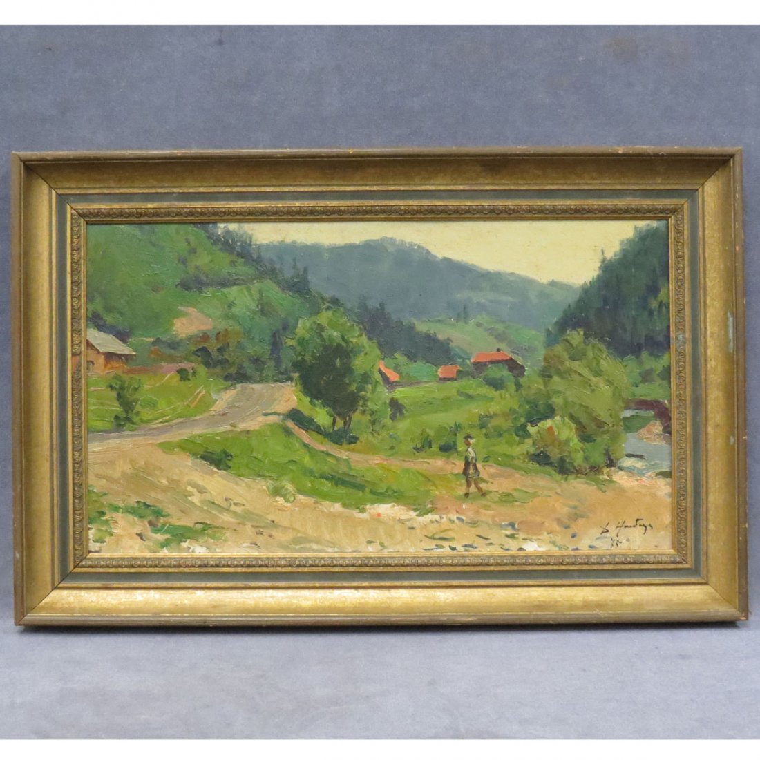 DMITRI ARKADIEVICH NALBANDIAN, OIL ON CARD: DMITRI ARKADIEVICH NALBANDIAN (RUSSIAN/ARMENIA 1906-1993), OIL ON CARD STOCK, MOUNTAIN LANDSCAPE-VILLAGE, SIGNED AND TITLED VERSO 1975. 11 1/4 X 19 1/2"; FRAMED 15 X 23 1/4"