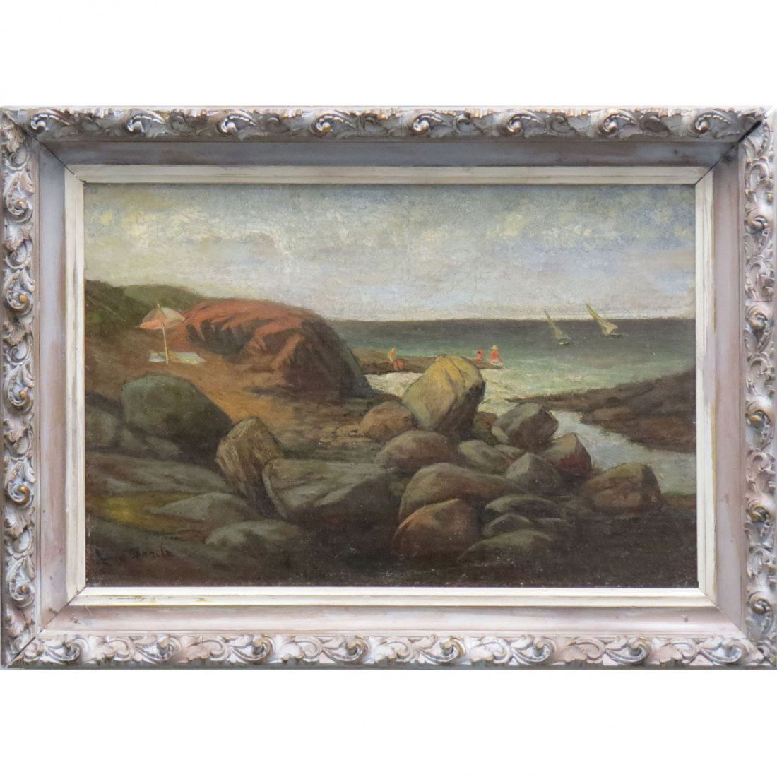XAVIER J BARILE, OIL ON CANVAS: XAVIER J BARILE (AMERICAN, NEW YORK, MAINE 1891-1981), OIL ON CANVAS, BEACH SCENE, ROCKPORT MA, SIGNED. 12 X 18"; FRAMED 16 1/2 X 22" (RELINED)
