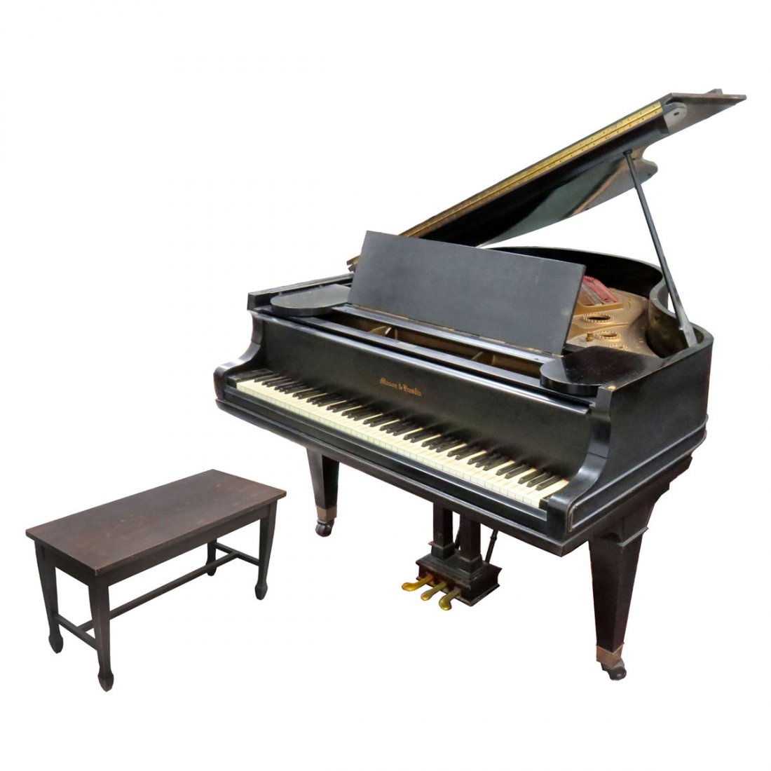 MASON & HAMLIN MODEL A-6 EBONIZED BABY GRAND PIANO: MASON & HAMLIN MODEL A-6 EBONIZED BABY GRAND PIANO WITH HEPPLEWHITE STYLE MAHOGANY PIANO BENCH. PIANO/LENGTH 70"; BENCH/HEIGHT 20"; LENGTH 36"