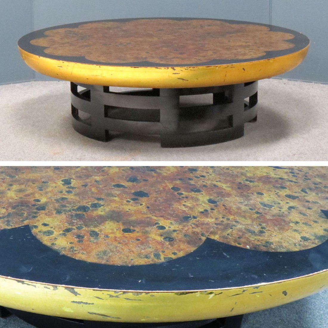 D GOLD LEAF AND OIL RESIST DECORATED "LOTUS" COFFEE: D GOLD LEAF AND OIL RESIST DECORATED "LOTUS" COFFEE TABLE, SIGNED C.1950'S. HEIGHT 14 1/2"; DIAMETER 47 1/2"