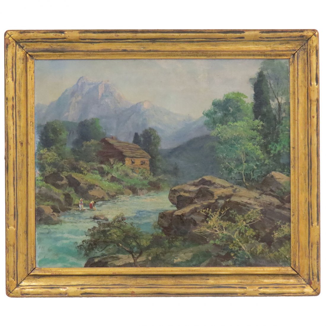 EUROPEAN SCHOOL (20TH CENTURY) OIL ON CANVAS: EUROPEAN SCHOOL (20TH CENTURY) OIL ON CANVAS, MOUNTAIN LANDSCAPE WITH WASHER WOMEN, SIGNED G. AMES ALDRICH. 18 X 22"; FRAMED 23 X 27"