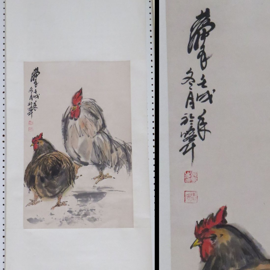 CHINESE SCROLL PAINTING, COCK AND HEN, SIGNED: CHINESE SCROLL PAINTING, COCK AND HEN, SIGNED ZHOU HUANG. 17 X 27"