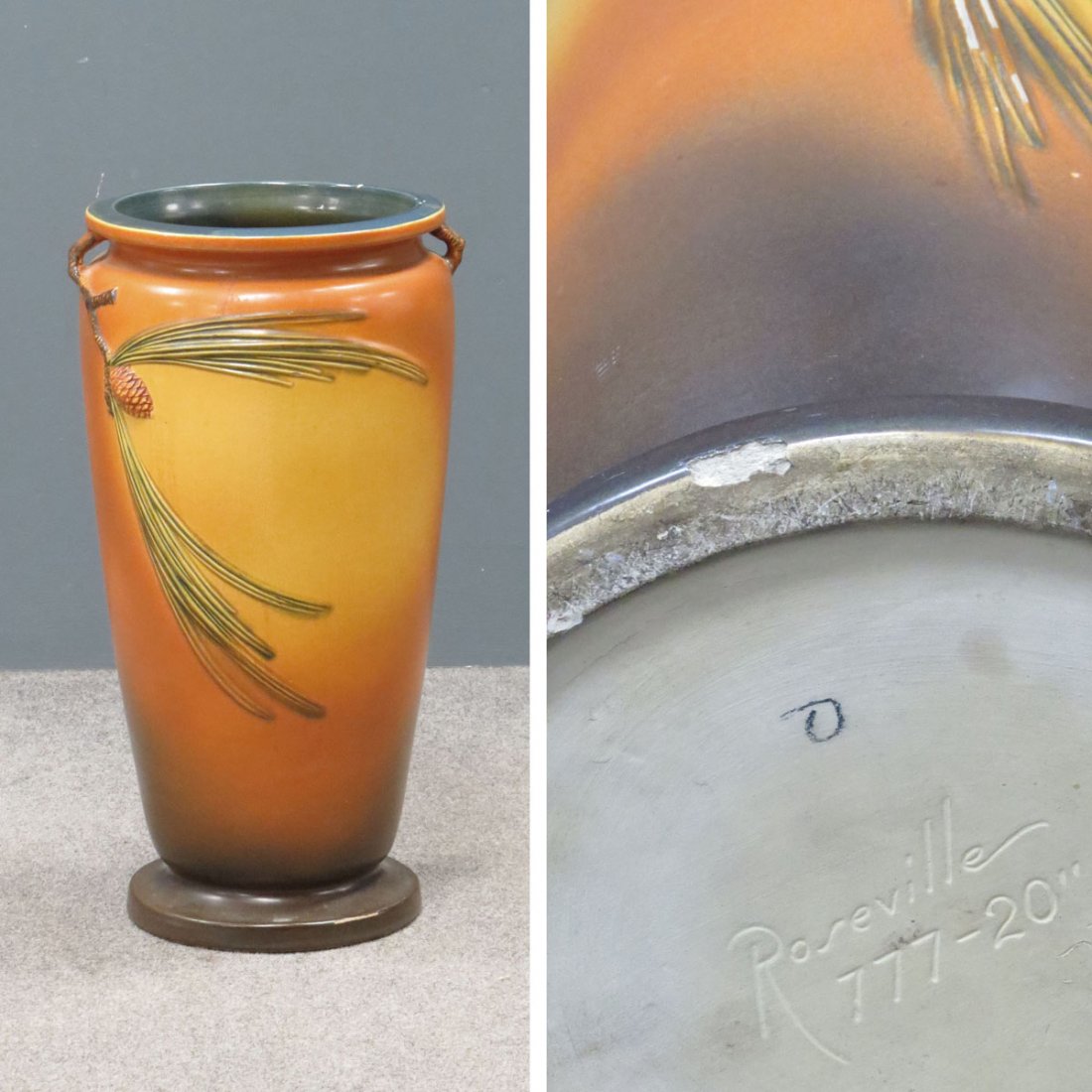 FINE ROSEVILLE "PINE CONE" UMBRELLA STAND, #777-20: FINE ROSEVILLE "PINE CONE" UMBRELLA STAND, #777-20. HEIGHT 20 1/2" (MINOR/GLAZE NICK TOP RIM)