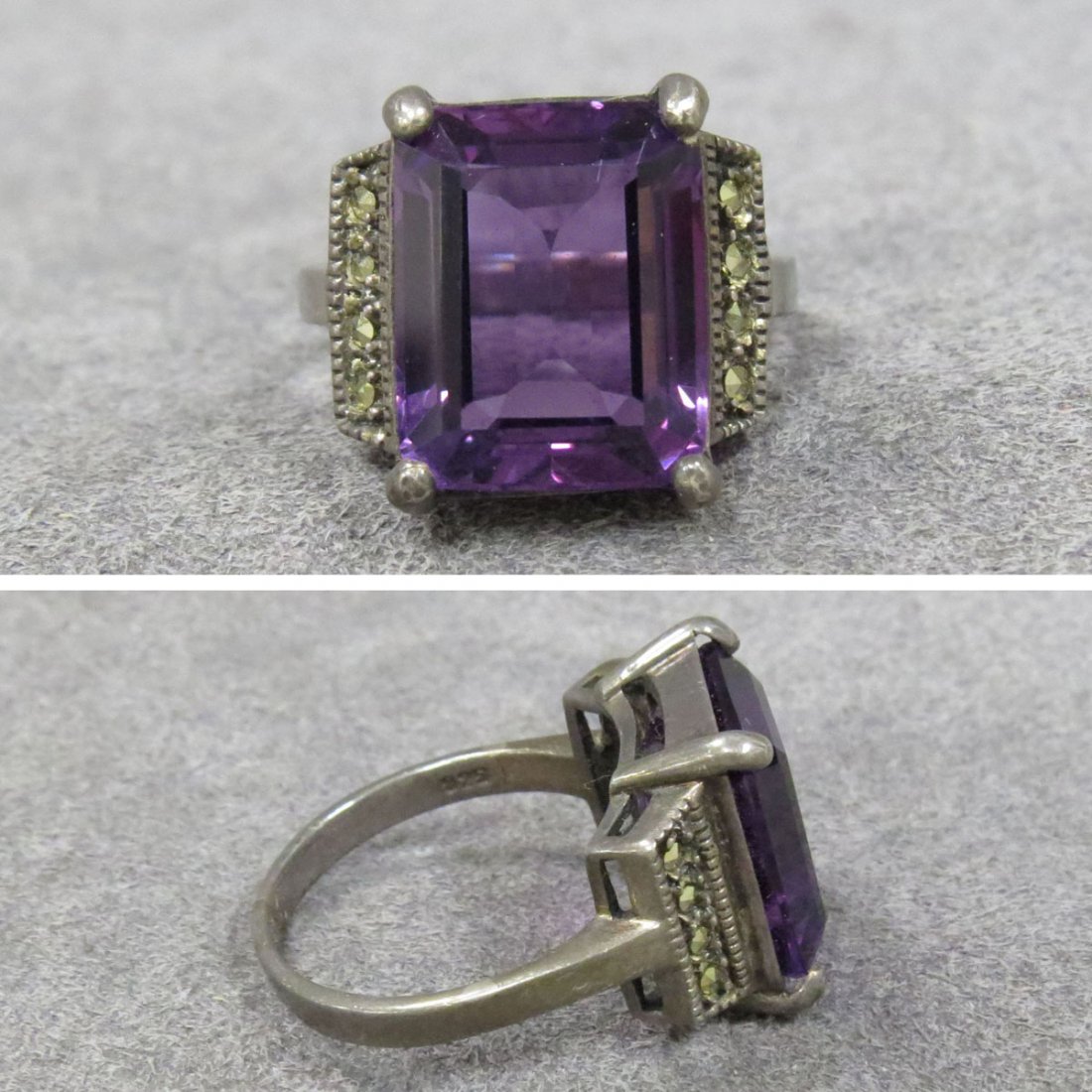 VINTAGE AMETHYST AND MARCASITE RING: VINTAGE .925 SILVER 8.93CT AMETHYST AND MARCASITE RING, SIGNED CPT. RING SIZE 9; GROSS WEIGHT 7.67 GRAMS