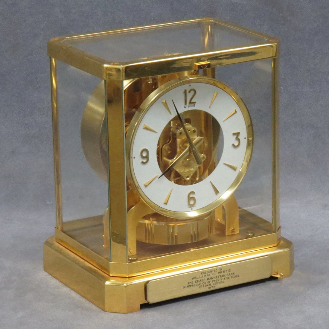 JAEGER LECOULTRE ATMOS CLOCK: JAEGER LECOULTRE ATMOS CLOCK, 1978 PRESENTATION TO WILLIAM C. WHITE. HEIGHT 9 1/2"