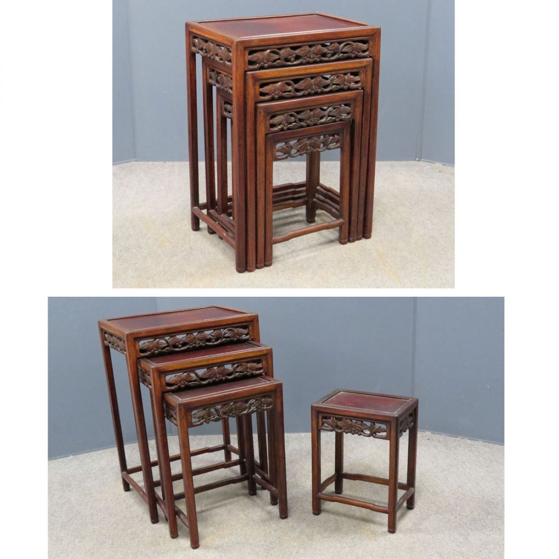 SET (4) CHINESE CARVED HARDWOOD NESTING TABLES: SET (4) CHINESE CARVED HARDWOOD NESTING TABLES. HEIGHT 28"; WIDTH 19" (LARGEST)