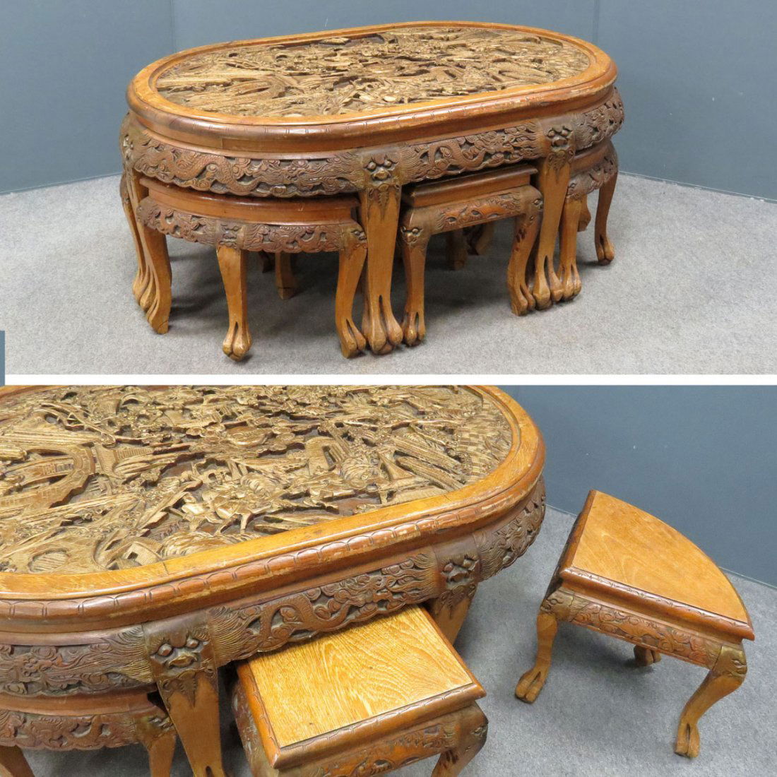 CHINESE CARVED CAMPHORWOOD LOW TABLE & STOOLS: CHINESE CARVED CAMPHORWOOD LOW TABLE WITH (6) STOOLS EN SUITE. HEIGHT 20"; TOP 30 X 45"