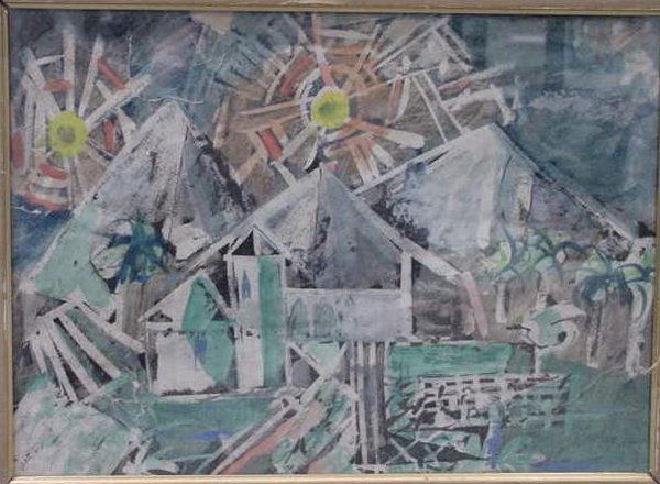 79: WATERCOLOR/GOUACHE, ATTRIB STUART DAVIS: MIXED MEDIUM WATERCOLOR/GOUACHE, LANDSCAPE WITH HOUSES, ATTRIBUTED TO STUART DAVIS (AMERICAN 1894-1964). SHEET 11 1/4 X 15 3/8" (TORN/REPAIRED/HOLE/EDGE CHIP)