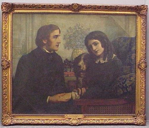240: OIL, SIGNED/TITLED HERBERT CARMICHAEL: OIL ON CANVAS, "PORTRAIT OF ROBERT BROWNING AND ELIZABETH BARRETT", SIGNED/TITLED HERBERT CARMICHAEL (BRITISH 1856- ). 33 X 41" *IN HOUSE SHIPPING NOT AVAILABLE ON THIS ITEM*