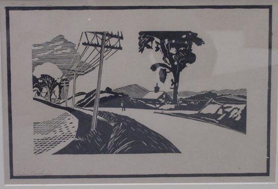354: WOODCUT, COUNTRY ROAD, SIGNED FISKE BOYD: WOODCUT, COUNTRY ROAD, SIGNED FISKE BOYD (AMERICAN 1895-1975). PLATE 8 X 12"