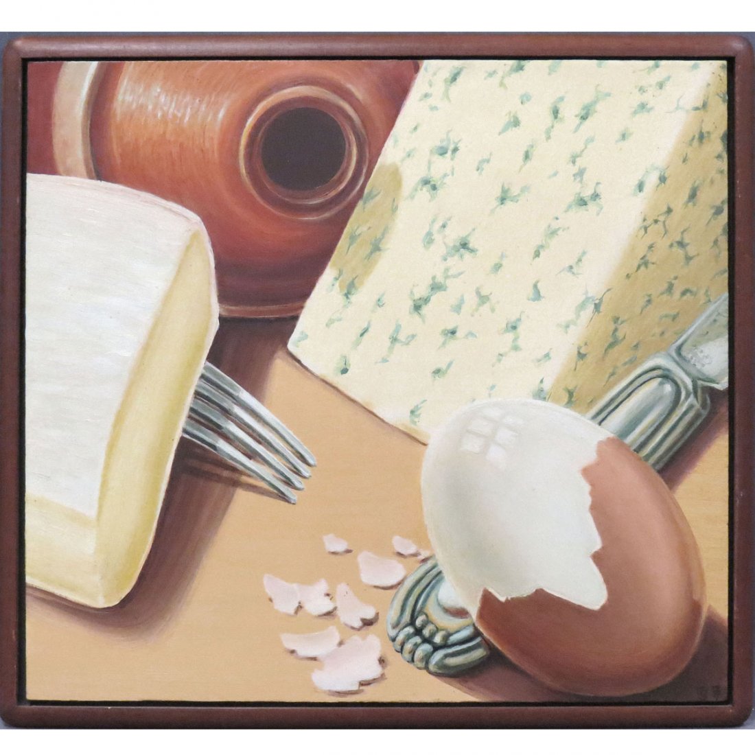 ROBERT GRAWI (AMERICAN 20TH CENTURY), OIL: ROBERT GRAWI (AMERICAN 20TH CENTURY), OIL ON MASONITE, "STILL LIFE WITH HARD BOILED EGG", SIGNED AND TITLED 1977. FRAMED-22 X 24"