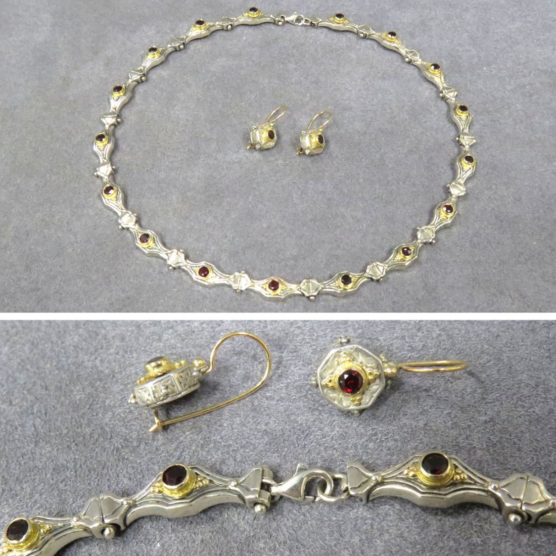 KONSTANTINO STERLING EARRINGS: KONSTANTINO STERLING, 18K YELLOW GOLD, AND GARNET CHOKER AND PIERCED DROP EARRINGS. GROSS WEIGHT 1.43 OZT