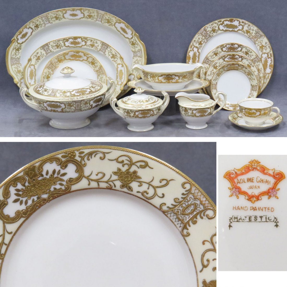 SET ADLINE CHINA, "MAJESTIC" PATTERN DINNERWARE: SET ADLINE CHINA, "MAJESTIC" PATTERN GILT DECORATED PORCELAIN DINNER SERVICE (83 PIECES) (11) 10” dinner plates; (12) 7 ½” soup bowls (1 chipped); (11) 6 ¼” bread/butter plates (1 chipped); (1