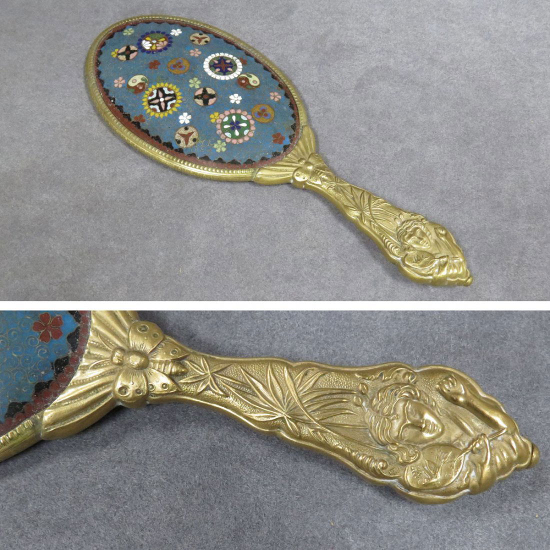 VINTAGE JAPANESE CLOISONNE AND BRASS HAND MIRROR: VINTAGE JAPANESE CLOISONNE AND BRASS HAND MIRROR, TAISHO. LENGTH 9 3/4"