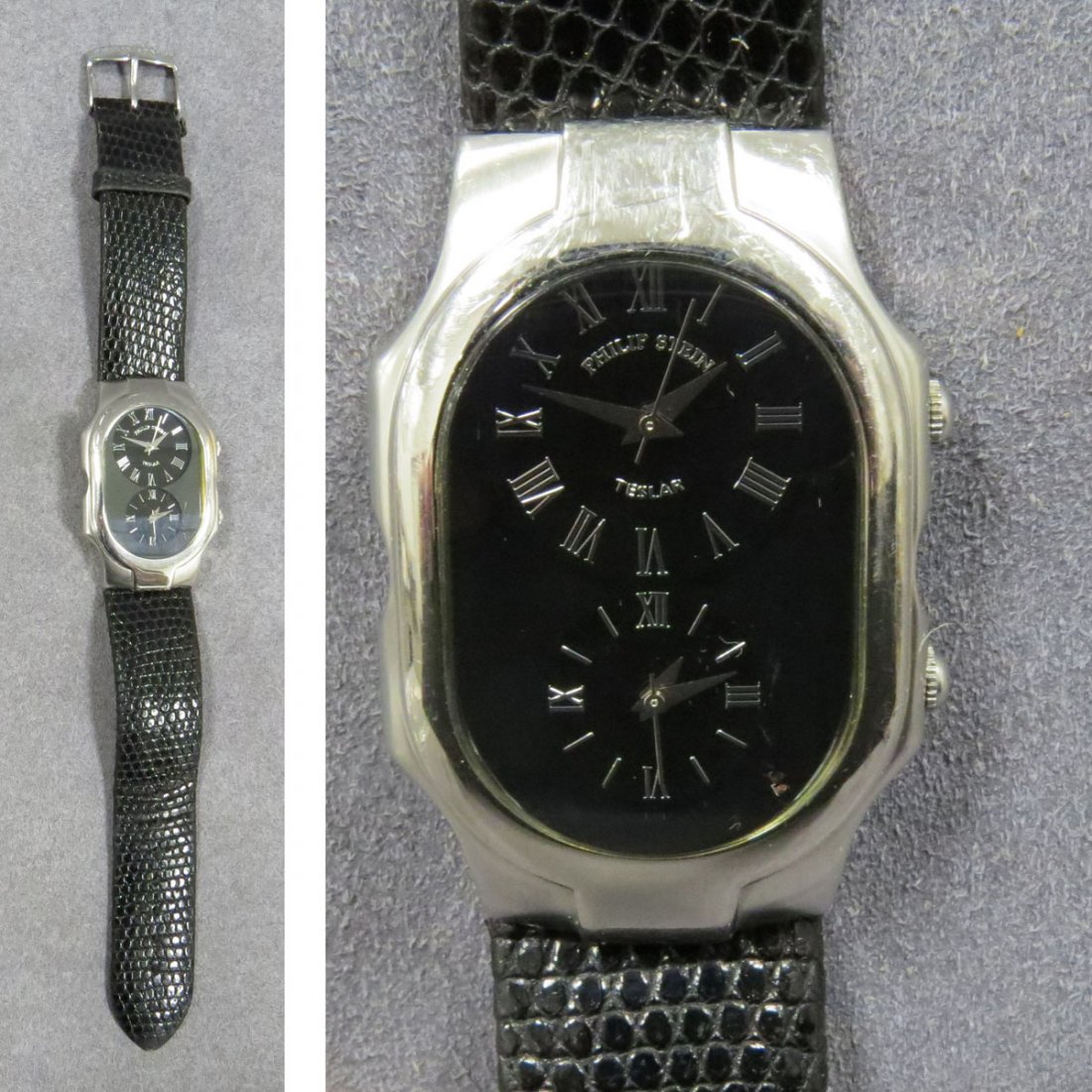 PHILIP STEIN TESLAR DOUBLE-TIME ZONE WATCH: PHILIP STEIN TESLAR DOUBLE-TIME ZONE WATCH WITH BLACK LIZARD BAND, SERIAL #2022406