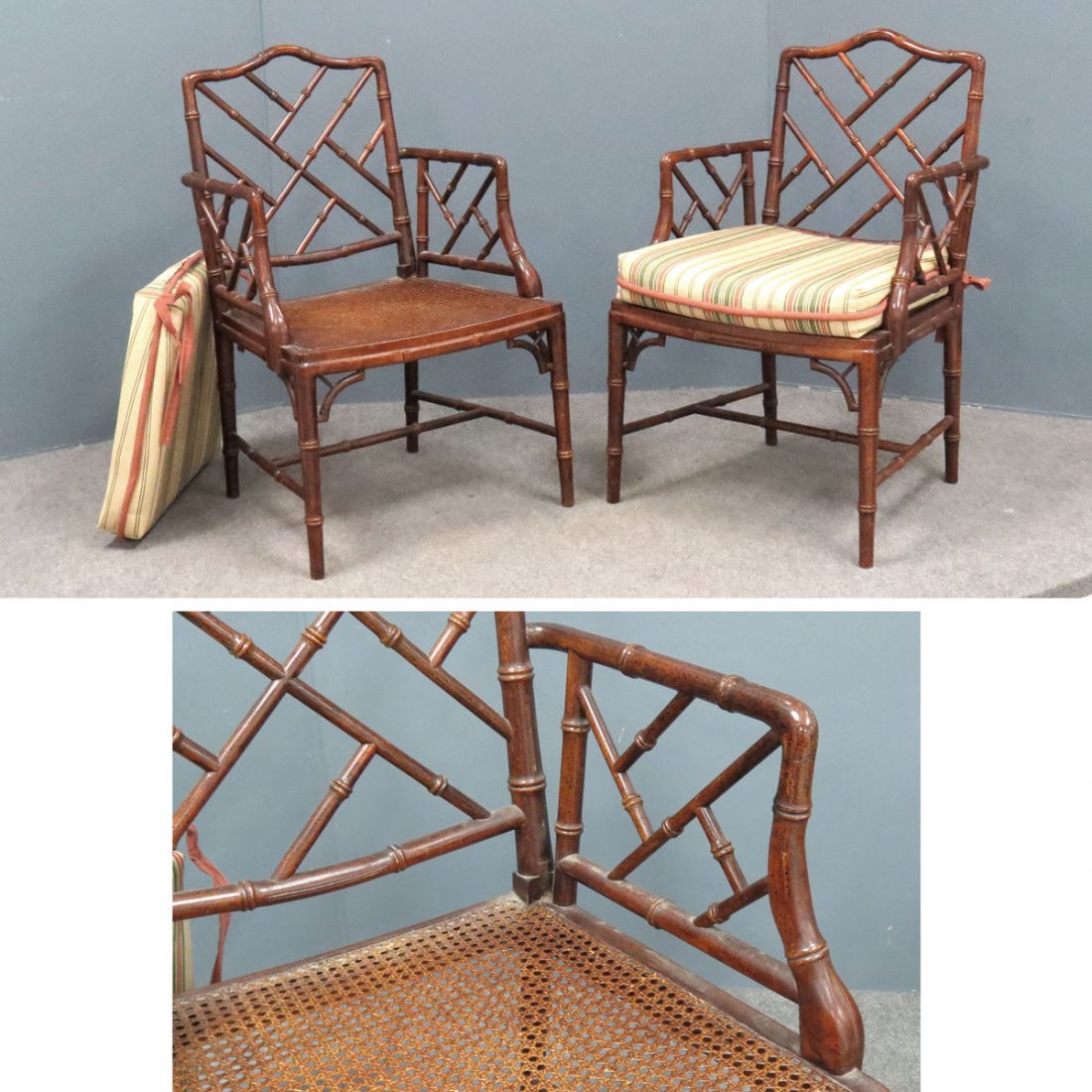 PAIR SHERATON STYLE FAUX BAMBOO ARMCHAIRS: PAIR SHERATON STYLE CARVED WALNUT FAUX BAMBOO ARMCHAIRS