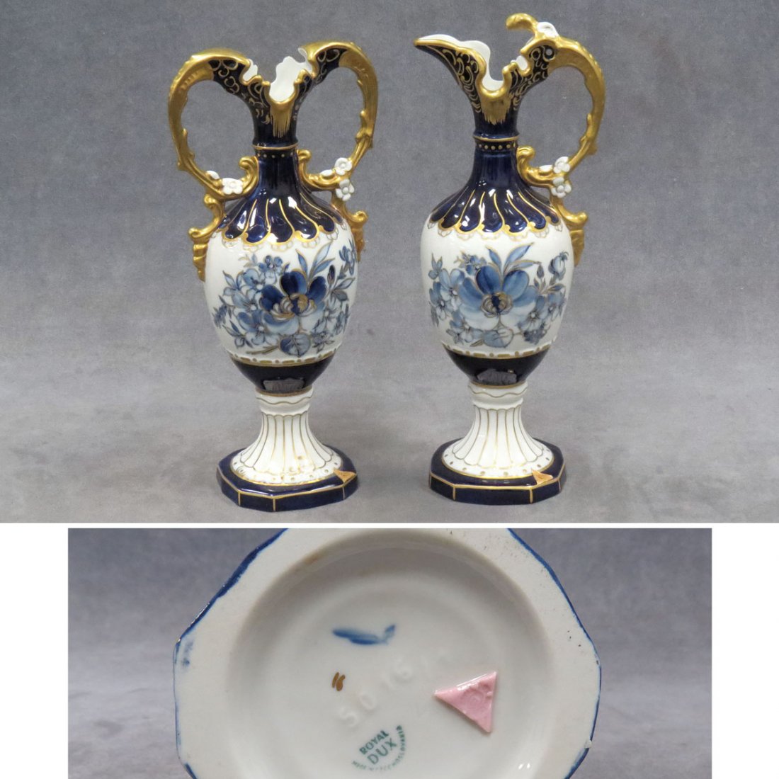 PAIR ROYAL DUX COBALT EWER AND GARNITURE VASE: PAIR ROYAL DUX COBALT DECORATED EWER AND GARNITURE VASE. HEIGHT 11" (WITH LABELS)