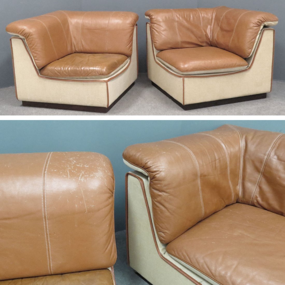 RETRO SCANDINAVIAN LEATHER 2-SECTION SETTEE: RETRO SCANDINAVIAN LEATHER 2-SECTION SETTEE, OY BJ DAHLQUIST AB. HEIGHT 27"; WIDTH 68"