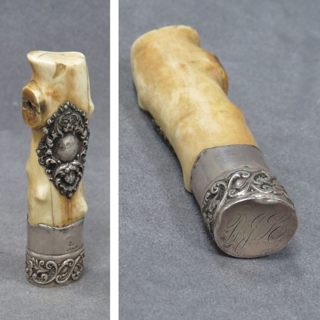 EDWARDIAN IVORY WALKING STICK HANDLE: EDWARDIAN STERLING SILVER MOUNTED IVORY WALKING STICK HANDLE. LENGTH 4"; DEC #16-96 **CANNOT EXPORT**