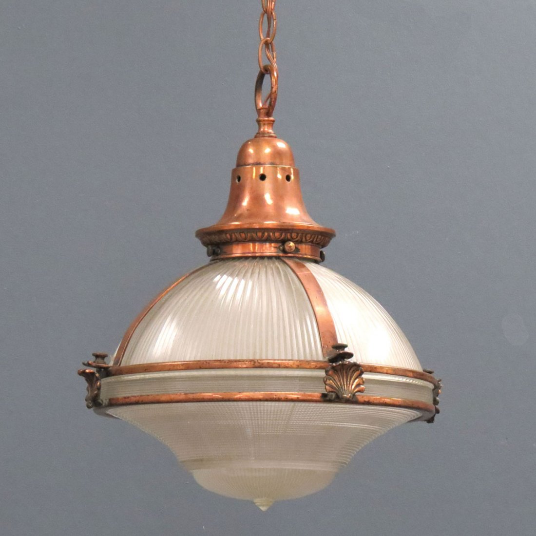 ART DECO STYLE COPPER AND MOLDED GLASS FIXTURE: ART DECO STYLE COPPER AND MOLDED GLASS INDUSTRIAL LIGHT FIXTURE, SIGNED HOLOPHANE. HEIGHT 17"