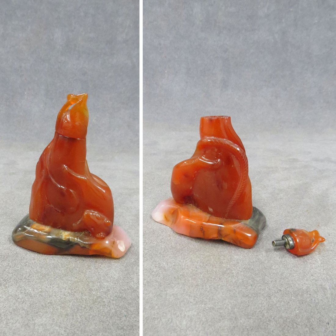 CHINESE CARVED CARNELIAN/AGATE SNUFF BOTTLE: CHINESE CARVED CARNELIAN/AGATE SNUFF BOTTLE. HEIGHT 3 1/4"