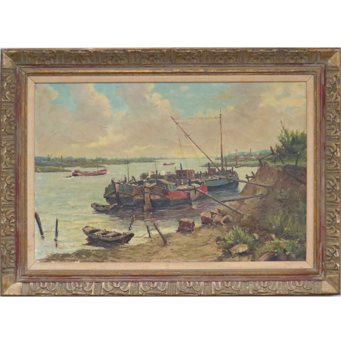 CONTINENTAL SCHOOL (20TH CENTURY), OIL ON CANVAS: CONTINENTAL SCHOOL (20TH CENTURY), OIL ON CANVAS, HARBOR WITH FISHING BOATS, SIGNED S. BROERSMA. 20 X 38"; FRAMED 27 X 37"