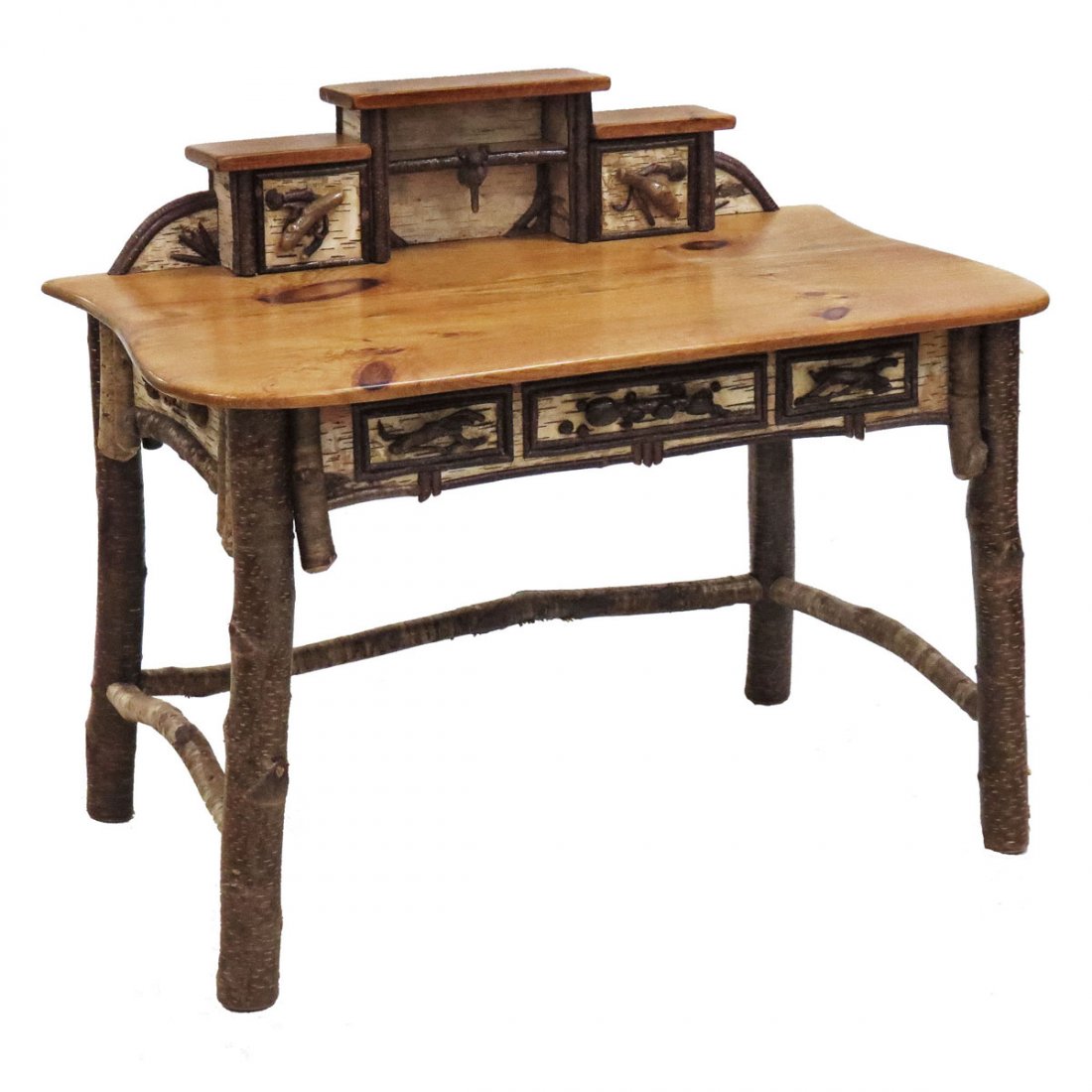 RALPH KYLLOE GALLERY, POST CARD DESK: RALPH KYLLOE GALLERY, LAKE GEORGE NY ADIRONDACK BIRCH POST CARD DESK. HEIGHT 38"; WIDTH 45"