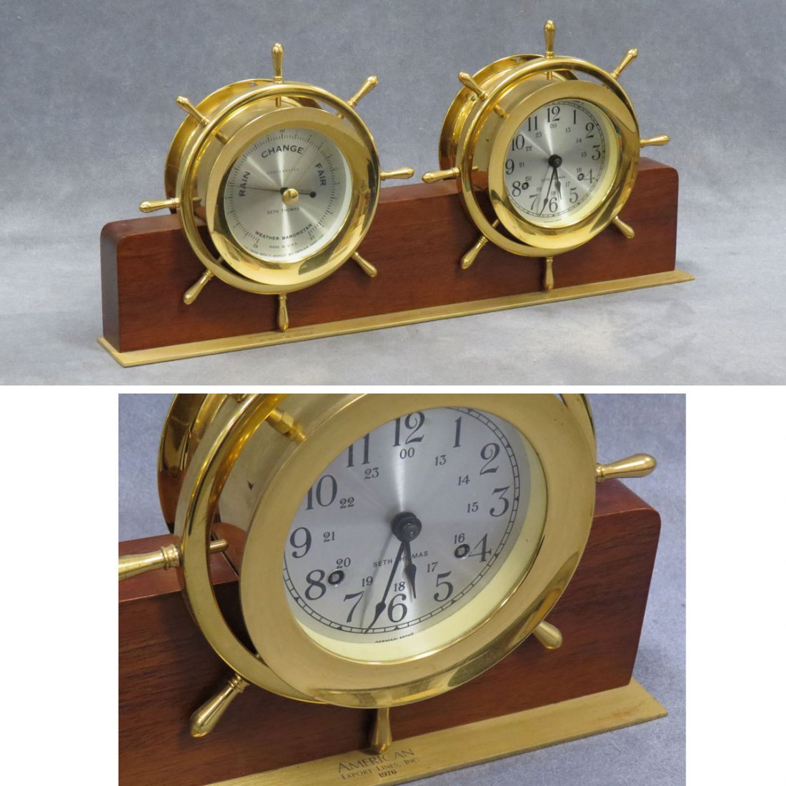 PRESENTATION SETH THOMAS BRASS SHIP'S WHEEL BELL: PRESENTATION SETH THOMAS BRASS SHIP'S WHEEL BELL CLOCK AND BAROMETER. EACH/DIAMETER 5 1/2"