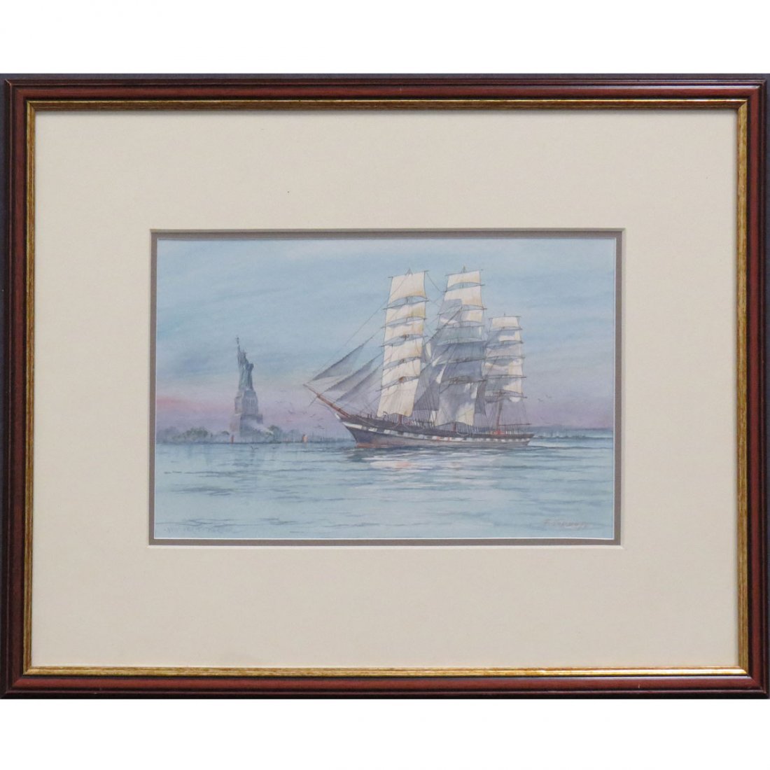 FREDERICK TORDOFF (ANGLO/AMERICAN 20TH CENTURY): FREDERICK TORDOFF (ANGLO/AMERICAN 20TH CENTURY), WATERCOLOR, "CLIPPER SHIP IN NEW YORK HARBOR", SIGNED AND TITLED. SIGHT 9 1/2 X 15 1/2"; FRAMED AND GLAZED- 20 X 26"