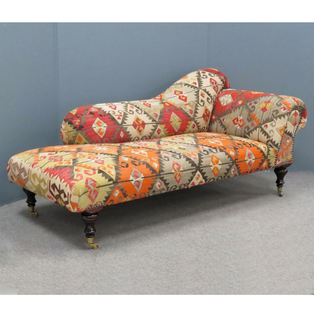 GEORGE SMITH ELPINSTONE CHAISE: GEORGE SMITH ELPINSTONE CHAISE WITH KILIM UPHOLSTERY. LENGTH 72"
