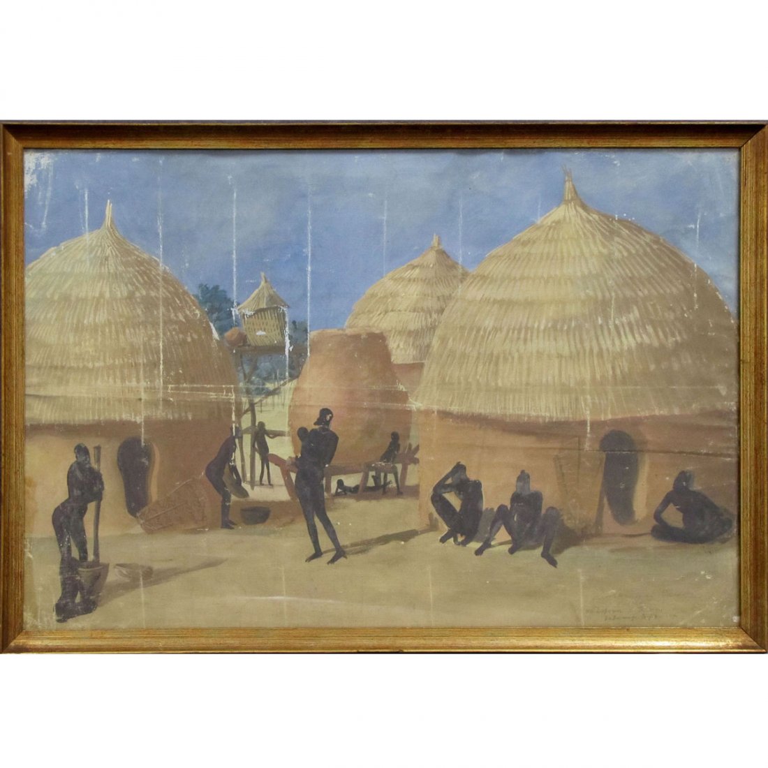 GERMAN SCHOOL (20TH CENTURY) OIL ON CANVAS: GERMAN SCHOOL (20TH CENTURY) OIL ON CANVAS, AFRICAN VILLAGE SCENE, SIGNED AND INSCRIBED 1928. 19 1/2 X 30 1/2"; FRAMED... (IMPERFECTIONS)