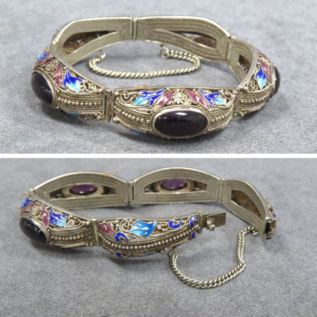 CHINESE SILVER, ENAMEL, AND AMETHYST BRACELET: CHINESE SILVER, ENAMEL, AND AMETHYST BRACELET WITH SAFETY CHAIN. GROSS WEIGHT 1.16 OZT