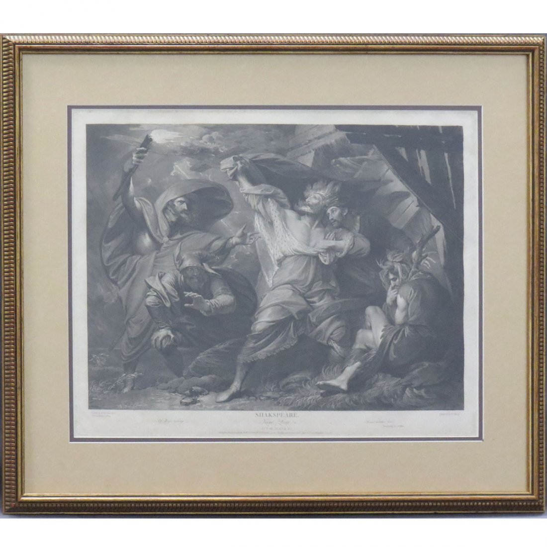 BOYDELL (JOHN & JOSIAH) PRINTERS, ENGRAVING: BOYDELL (JOHN & JOSIAH) PRINTERS, ENGRAVING, "KING LEAR ACT III SCENE IV", AFTER BENJAMIN WEST BY WILLIAM SHARP, 1793. PLATE 19 1/2 X 21 1/2" (FULL MARGINS); FRAMED AND GLAZED-29 X 33 1/2"