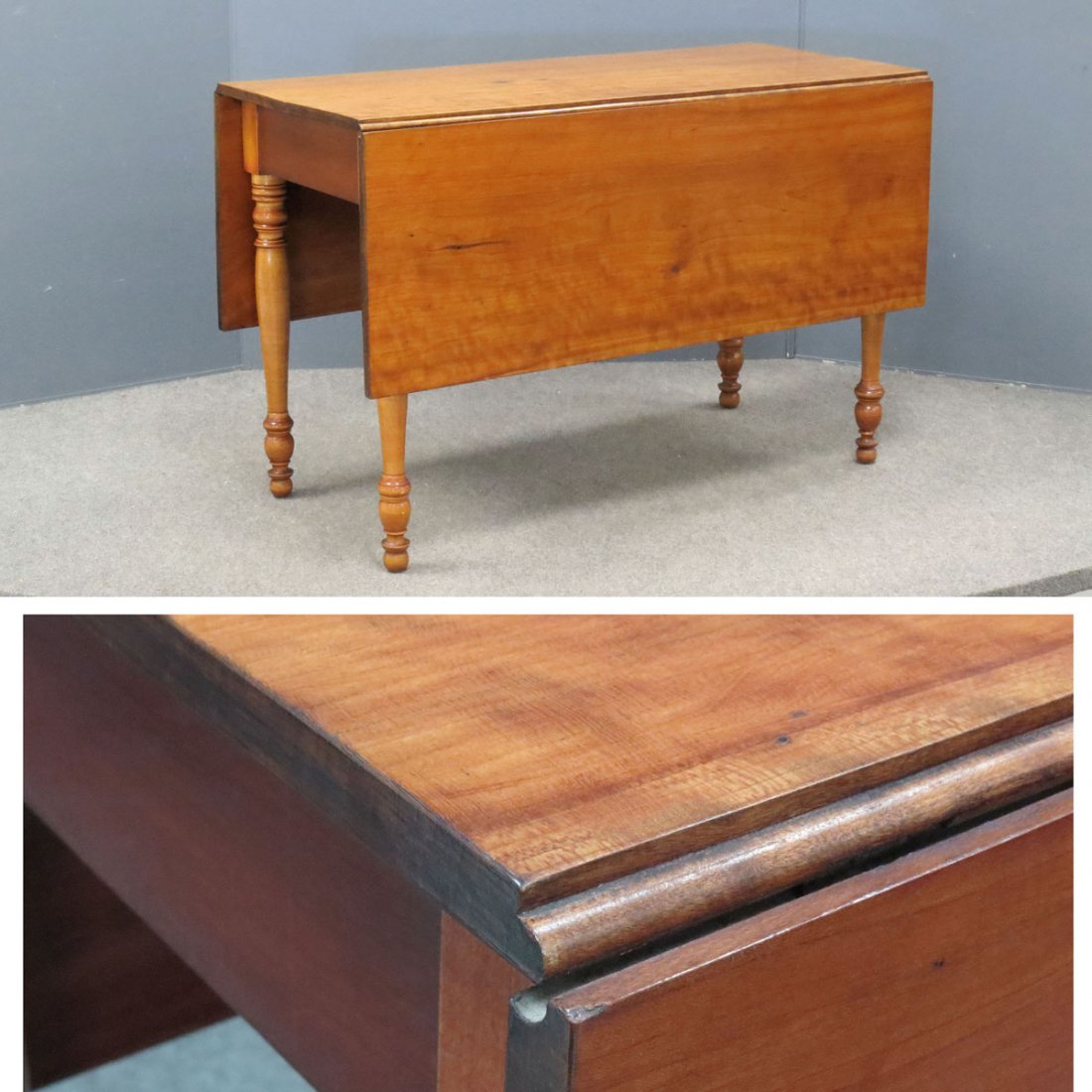 FEDERAL CHERRY AND MAPLE DROP-LEAF BREAKFAST TABLE: FEDERAL CHERRY AND MAPLE DROP-LEAF BREAKFAST TABLE, 19TH CENTURY. HEIGHT 29"; LENGTH 45"