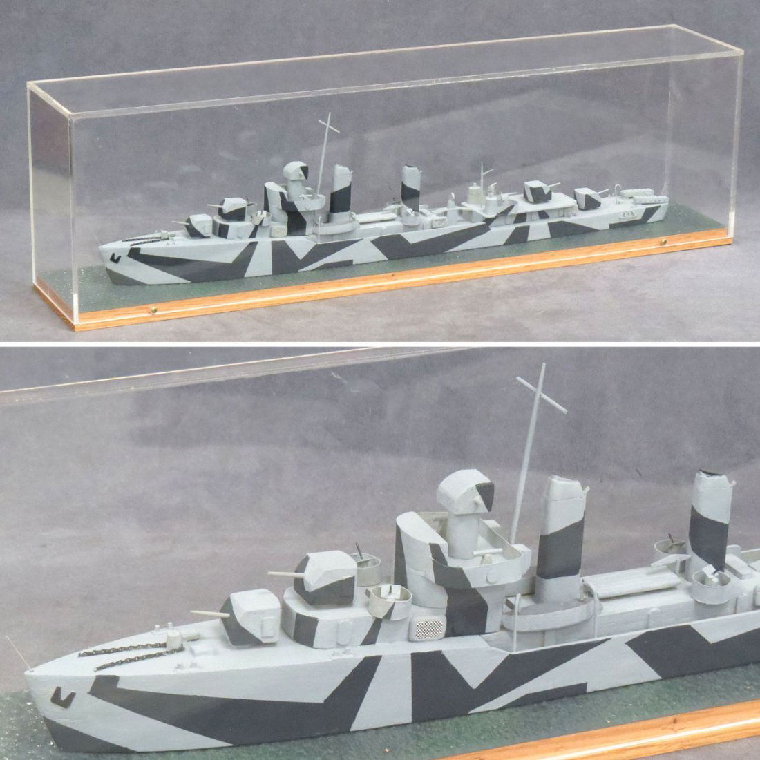 WOODEN SCALE MODEL U.S.N. DESTROYER (CREW BUILT: WOODEN SCALE MODEL U.S.N. DESTROYER (CREW BUILT), CASED. HEIGHT 9"; LENGTH 32"