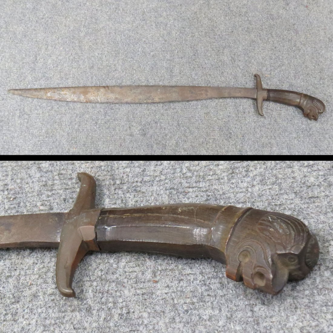 MALAYSIAN CARVED WOOD HANDLE SHORT SWORD: MALAYSIAN CARVED WOOD HANDLE SHORT SWORD, 19TH CENTURY. LENGTH 24"