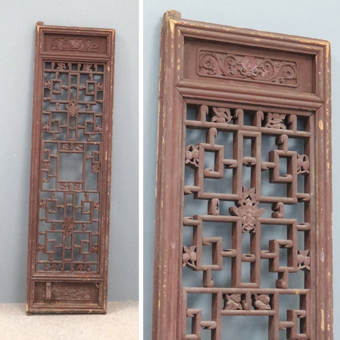 CHINESE CARVED WINDOW SHUTTER: CHINESE CARVED WINDOW SHUTTER. HEIGHT 64"; WIDTH 18"