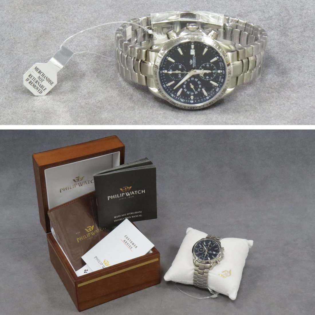 PHILIP WATCH STAINLESS ADMIRALE CHRONOGRAPH: PHILIP WATCH STAINLESS ADMIRALE AUTOMATIC CHRONOGRAPH WRISTWATCH WITH CASE AND PAPERS. 42MM (NIB)