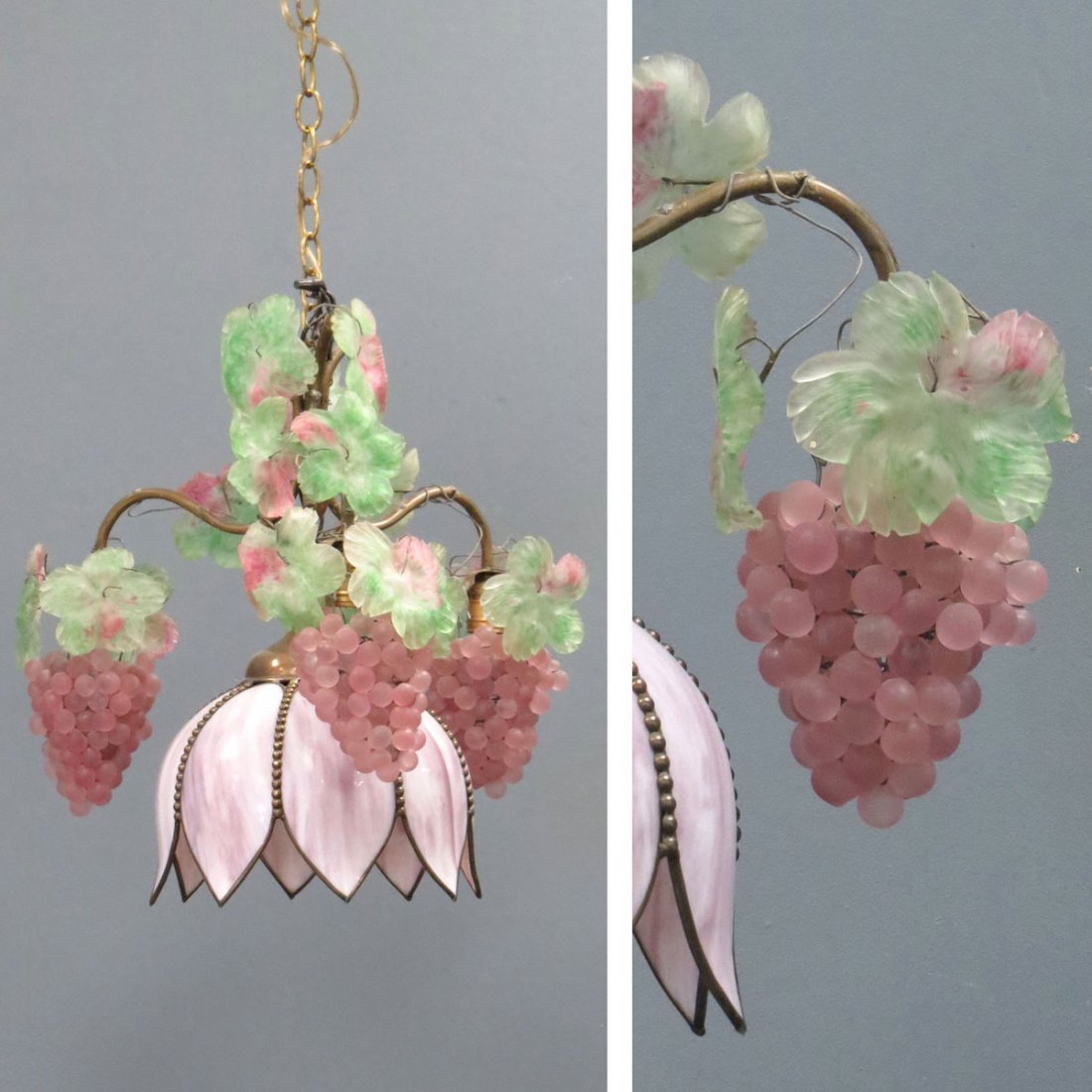 ART DECO VENETIAN GLASS GRAPE CLUSTER FIXTURE: ART DECO VENETIAN GLASS GRAPE CLUSTER HANGING LIGHT FIXTURE. HEIGHT 20"; DIAMETER 20" (OLD REPAIRS)