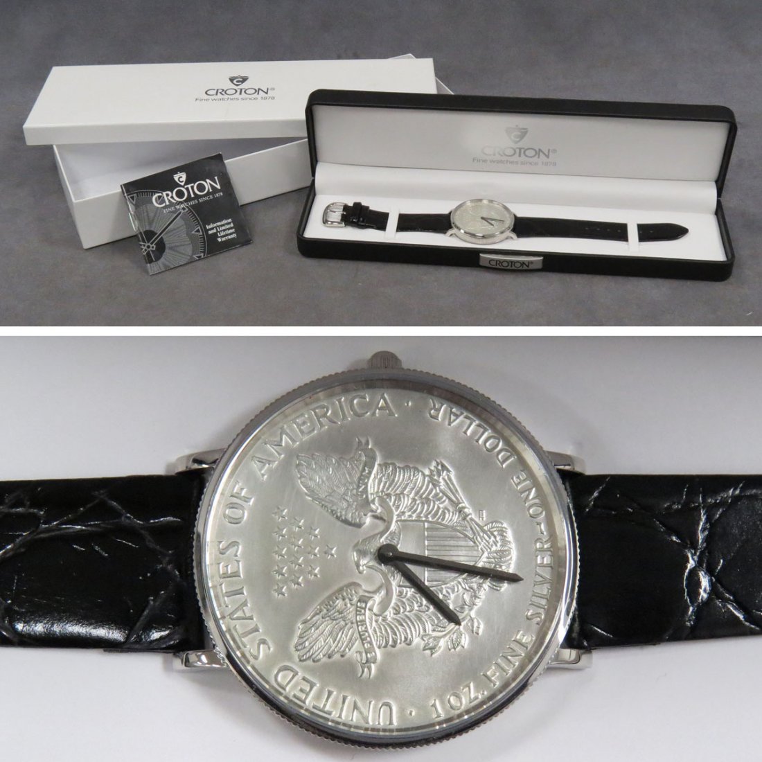 CROTON 2007 SILVER AMERICAN EAGLE COIN,' WATCH: CROTON 2007 SILVER AMERICAN EAGLE COIN,' QUARTZ WRISTWATCH WITH CASE AND PAPERS. 42MM (NIB)