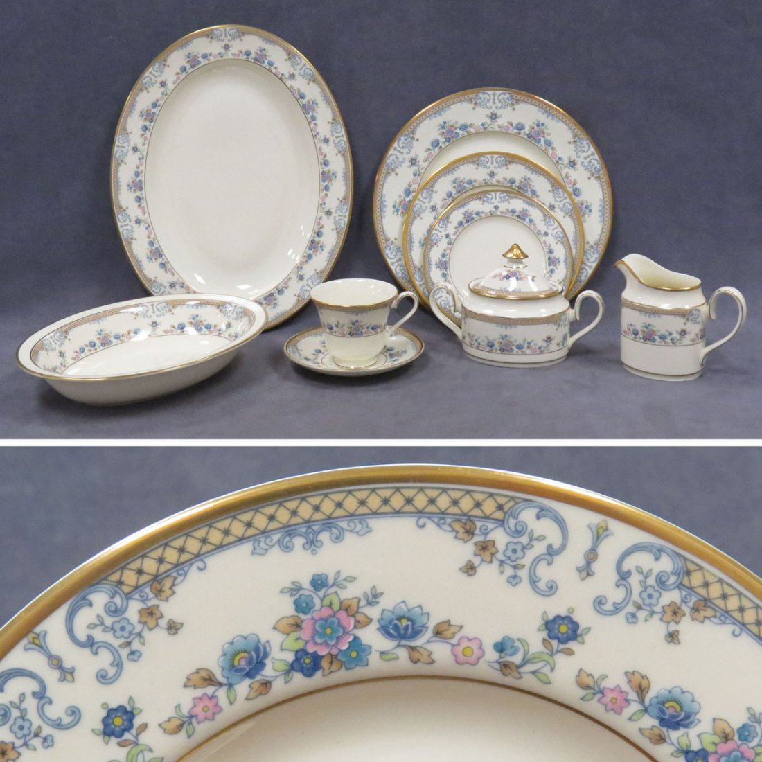 SERVICE FOR (10) MINTON "AVONLEA" DINNERWARE: SERVICE FOR (10) MINTON "AVONLEA" DECORATED PORCELAIN DINNERWARE WITH SERVING PIECES (TOTAL NUMBER OF PIECES 44)(10) CUPS/SAUCERS; (10) DINNER PLATES, 10 3/4"; (10) SALAD PLATES, 8"; (10) BREAD/BUTTER