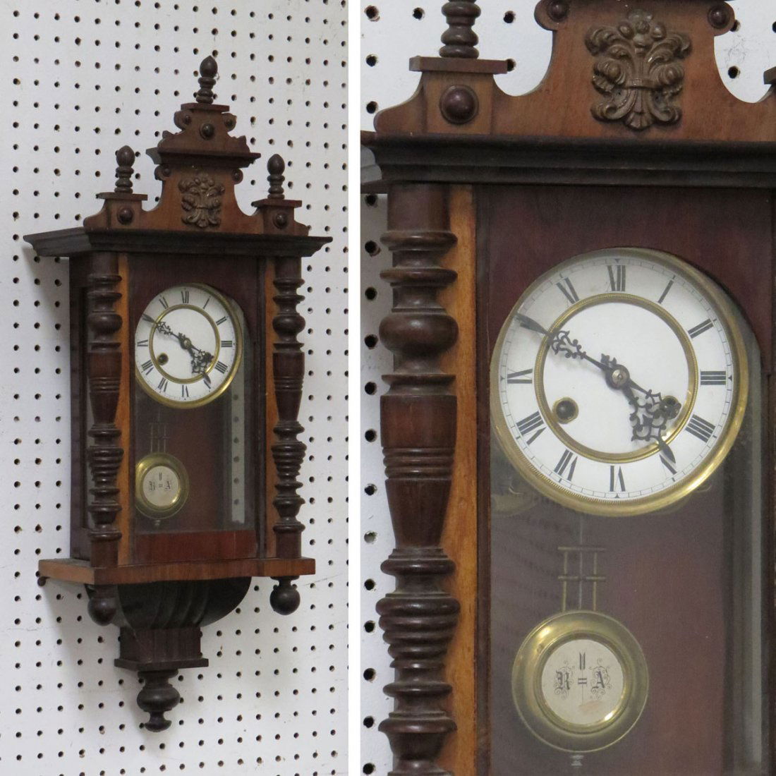 VINTAGE CARVED WALNUT VIENNA REGULATOR WALL CLOCK: VINTAGE CARVED WALNUT VIENNA REGULATOR WALL CLOCK. HEIGHT 30"