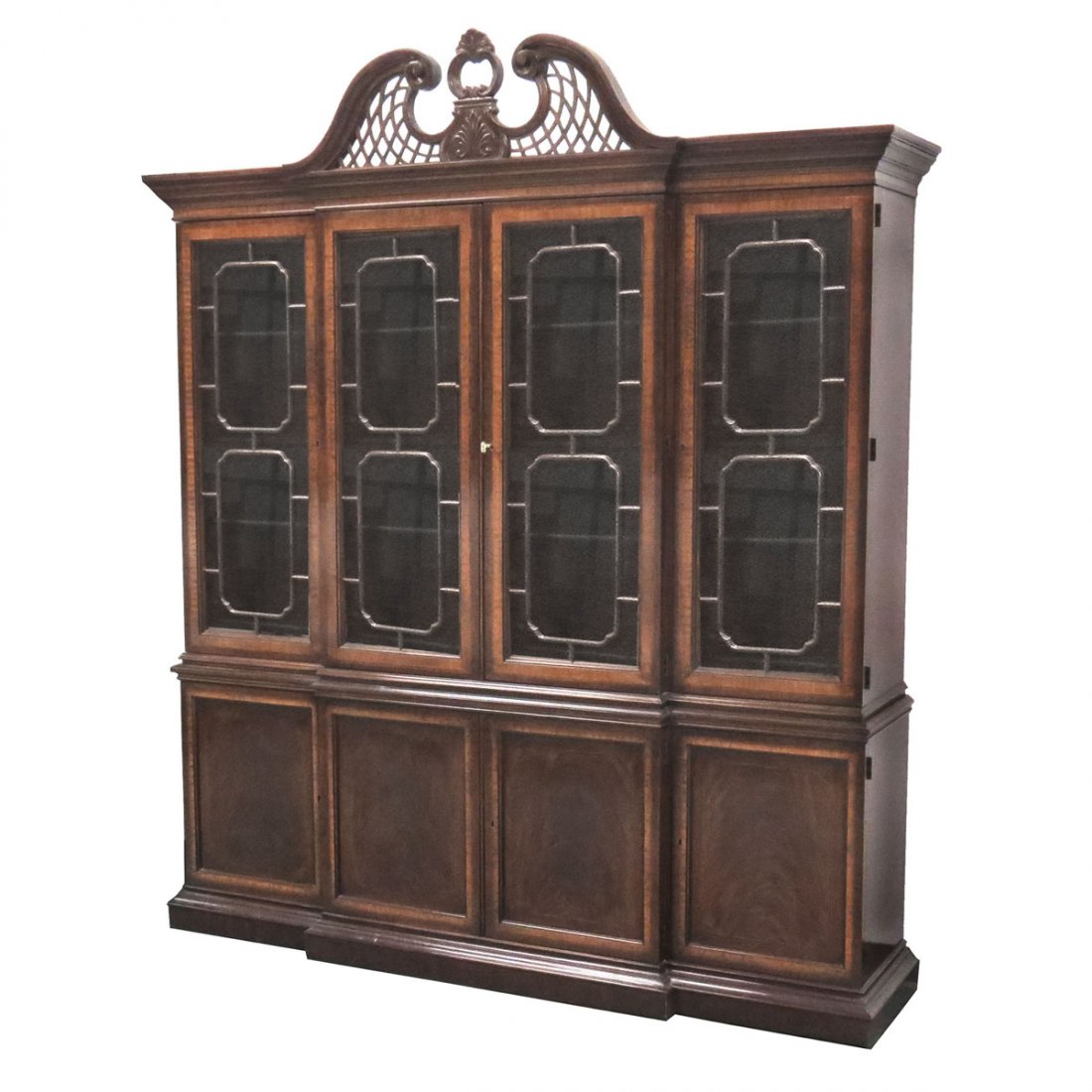 REGENCY STYLE MAHOGANY BREAKFRONT: REGENCY STYLE CARVED AND INLAID MAHOGANY BREAKFRONT, HERITAGE HEIRLOOM FURNITURE CO. HEIGHT 92"; WIDTH 75"