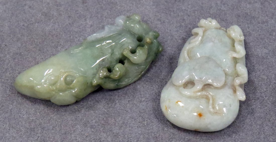 LOT (2) CHINESE CARVED JADEITE TOGGLES: LOT (2) CHINESE CARVED JADEITE TOGGLES. HEIGHT 2 1/4"